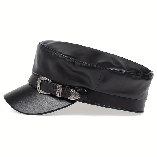 Large Belt Buckle Leather Inspired Flat Cap